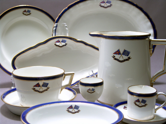 A selection of flagship china from J. Pierpont Morgan’s steam yacht Corsair when she was flagship of the New York Yacht Club in 1897. Image courtesy of Boston Harbor Auctions.